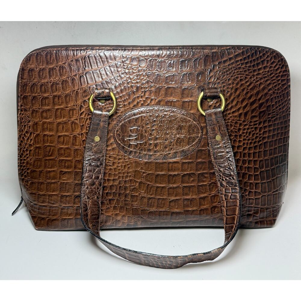 Vintage Octopus Brand XL Brown Leather Satchel Bag Croc Embossed Handbag Brass - Picture 2 of 16